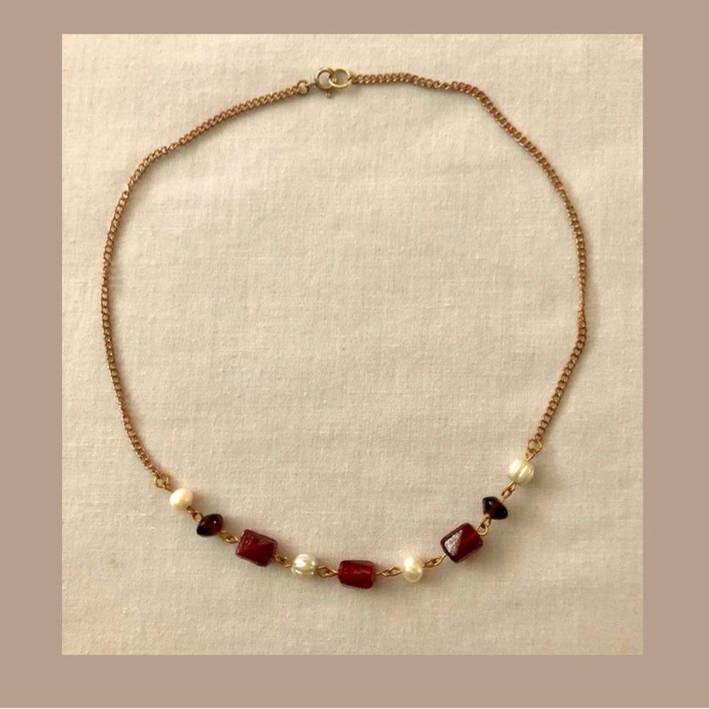 Handmade golden choker necklace with red beads and faux-pearl
